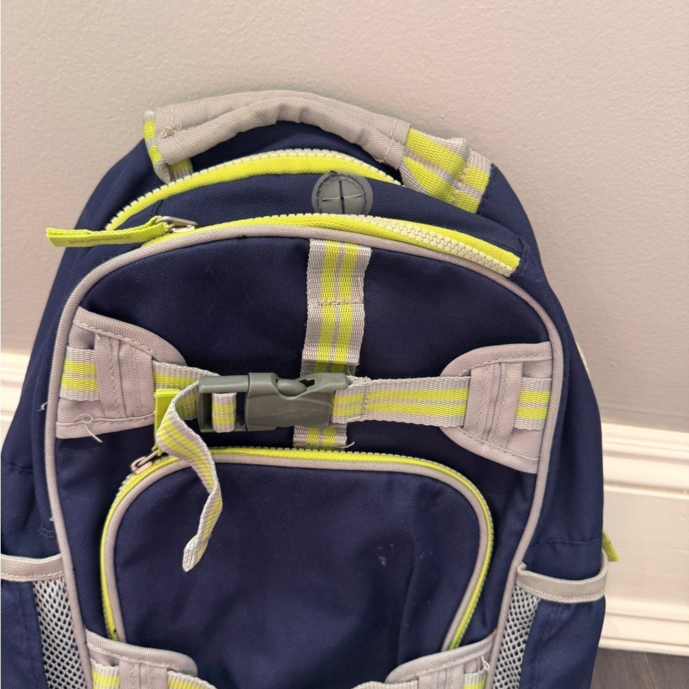 Pottery Barn Kids Size Small Blue & Gray Backpack Neon Yellow Trim Boys Girls - Picture 4 of 10